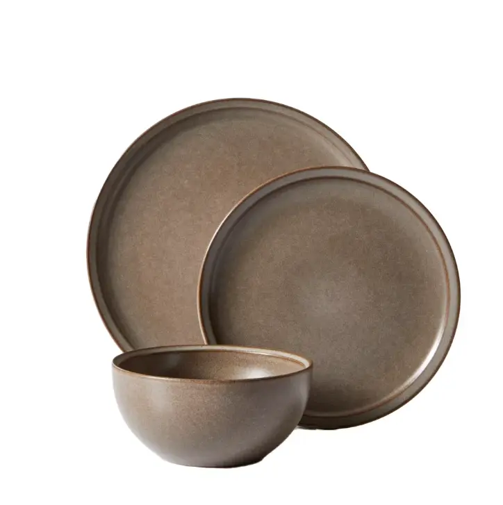 12-Piece Stoneware Plates & Bowls Dinnerware Set in Elegant Brown Finish for Everyday Use