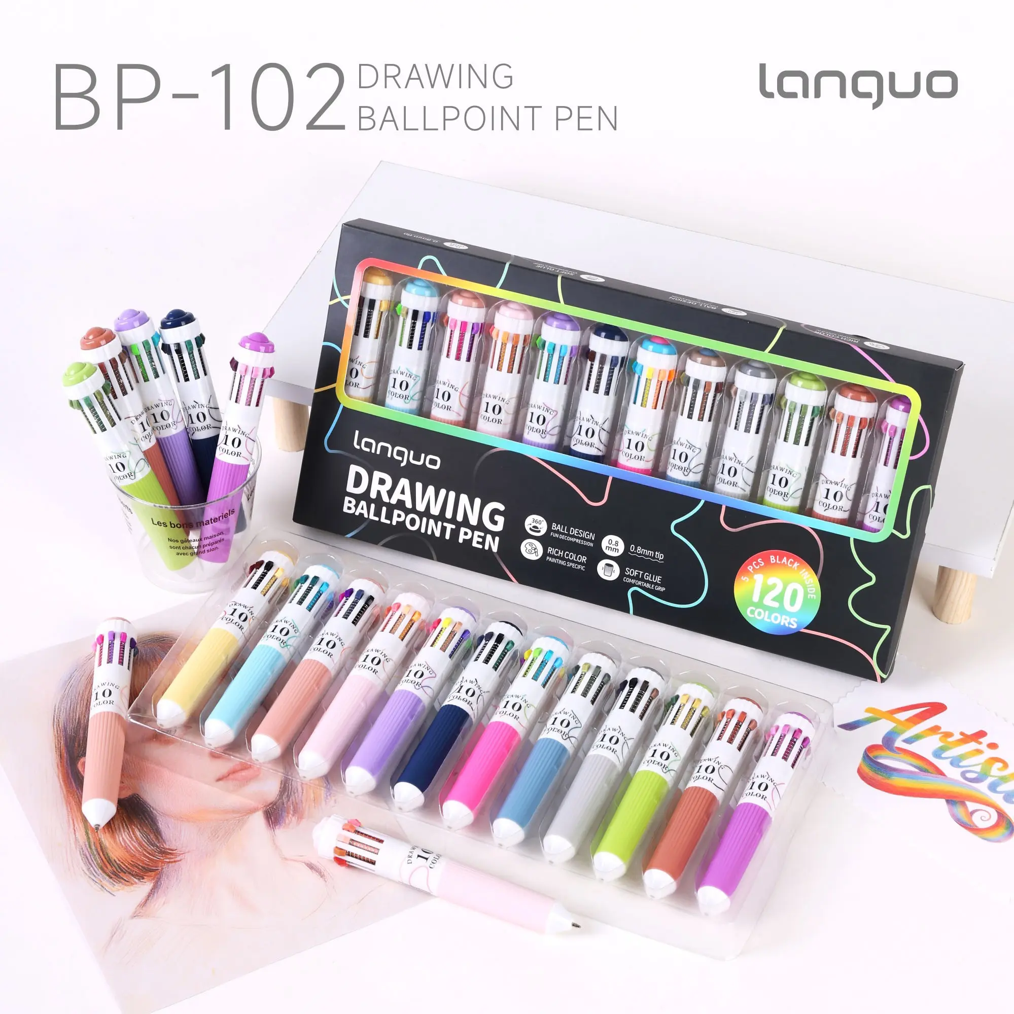 120 Color/12 Piece Writing Drawing Ballpoint Pen Set, 0.8mm Smooth Ink, Rich Colors Stackable, Soft Rubber Grip, Ideal for Painting, Note-Taking, Note Taking Pens