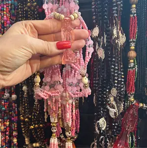 Santa Muerte Pink Bead Necklace - Ethnic Mazo Beads, 7-Thread Mazo Design, Long Length, Unisex Wear Costume Jewelry