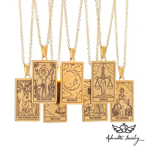 22 Tarot elements Square pendant necklace Simple retro women 45+5cm collarbone chain sweater chain