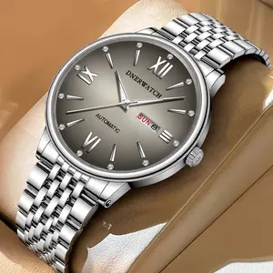 DNERWATCH Luxury Men's Automatic Mechanical Watch with Minimalist Dark Gray Dial Roman Numerals Day Date Dual Display Stainless Steel Strap Waterproof business casual Wristwatch for Men