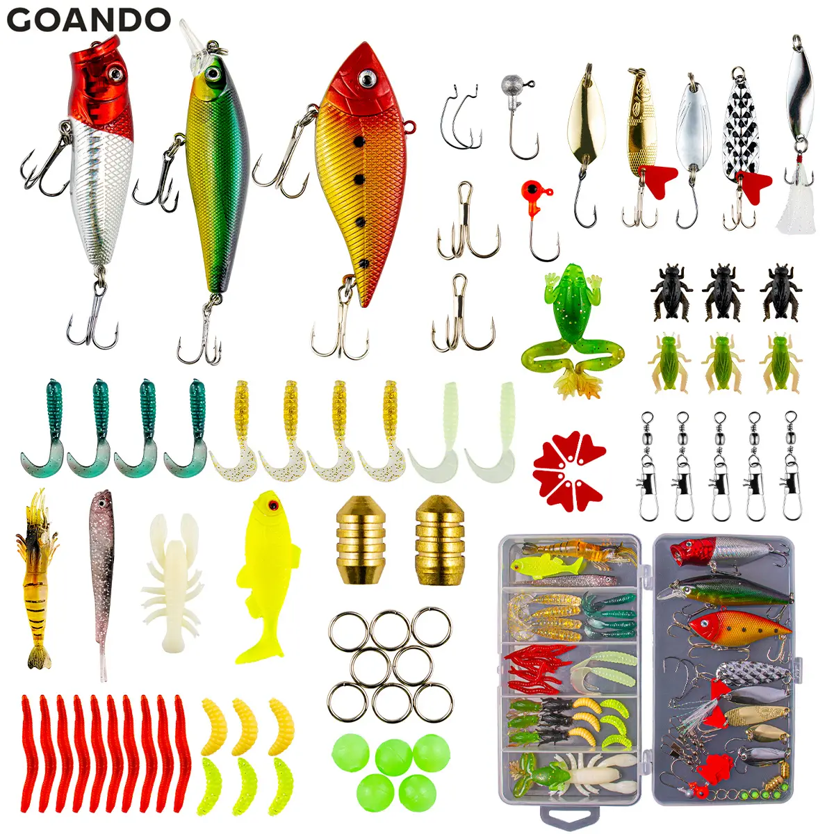 GOANDO Fishing Lures Kit for Freshwater Bait Tackle Kit for Bass Trout Salmon Fishing Accessories Tackle Box Including Spoon Lures Soft Plastic Worms Crankbait Jigs Fishing Hooks