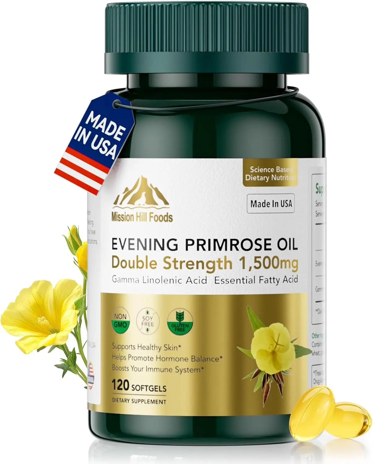 Evening Primrose Oil Capsules for Woman 1500mg | High GLA for Hormonal Balance & Skin Health (1 Bottle-120 Softgels-2mo Supply) | Non-GMO, Gluten-Free, Cold Pressed Supplement Skin Care Dietary