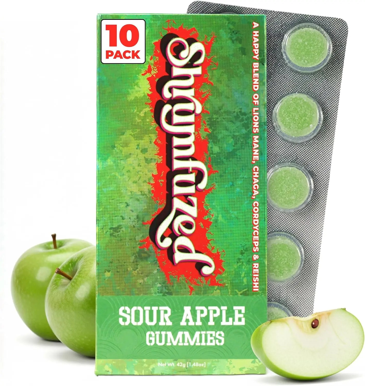 Shrumfuzed Mushroom Wellness Supplement Gummies - Sour Apple Flavor, 10 Count