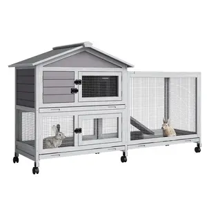 Wooden 2-Tier Small Animal Hutch, Weatherproof Roof & Removable Tray, 4 Access Doors & Non-Slip Ramp, Suitable for Rabbits, Guinea Pigs, Ferrets & Chickens (Gray)