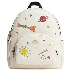COACH Court 27 Leather Backpack for Women with Metal Logo Print, Zip Closure, Large Size, Chalk Multicolor