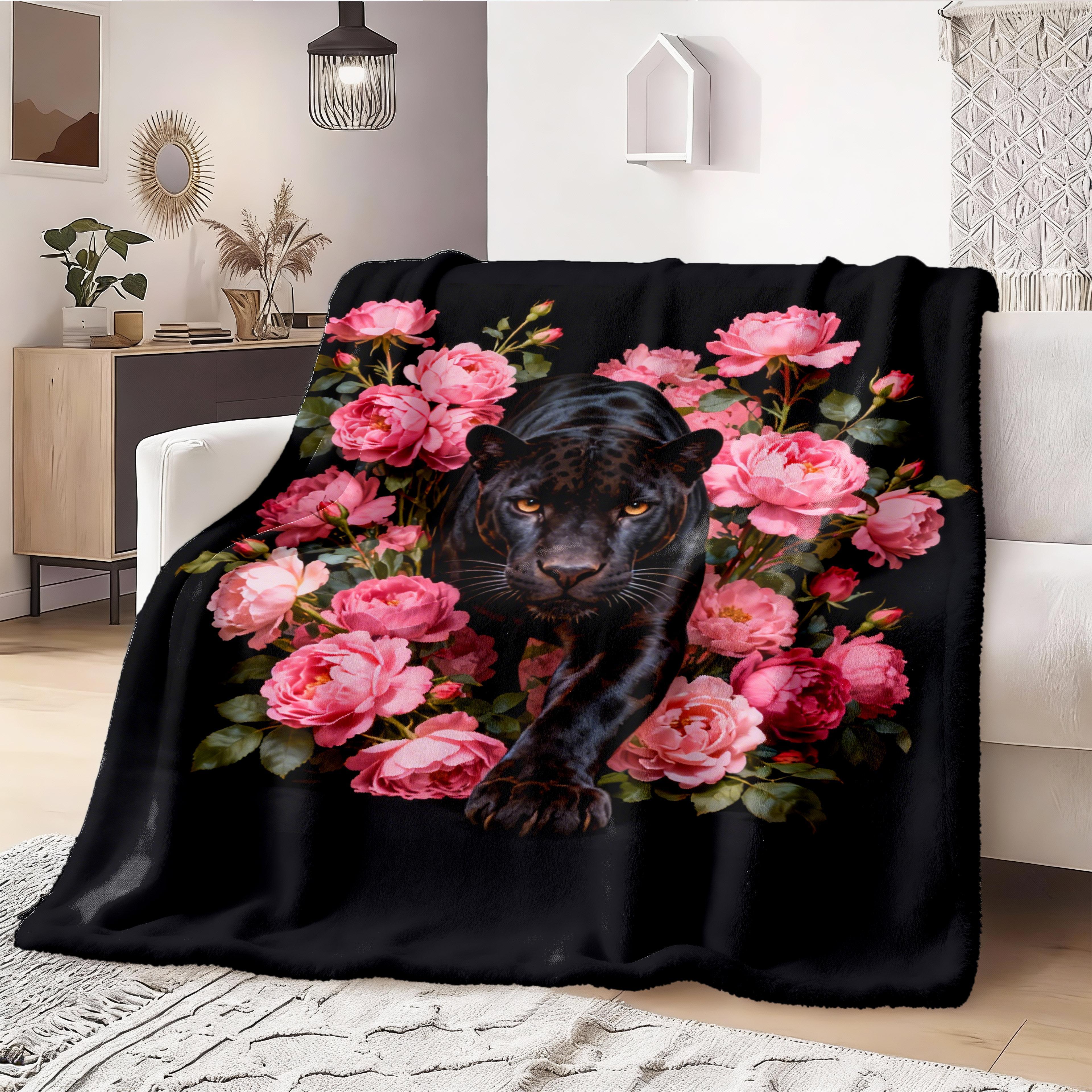 Black Panther Pink Peony Flannel Fleece ThrowBlanket Ultra Soft HD Print Floral Animal Design NonShedding Warm Cozy Lightweight Sofa Couch BedroomHome Decor Unique Gift