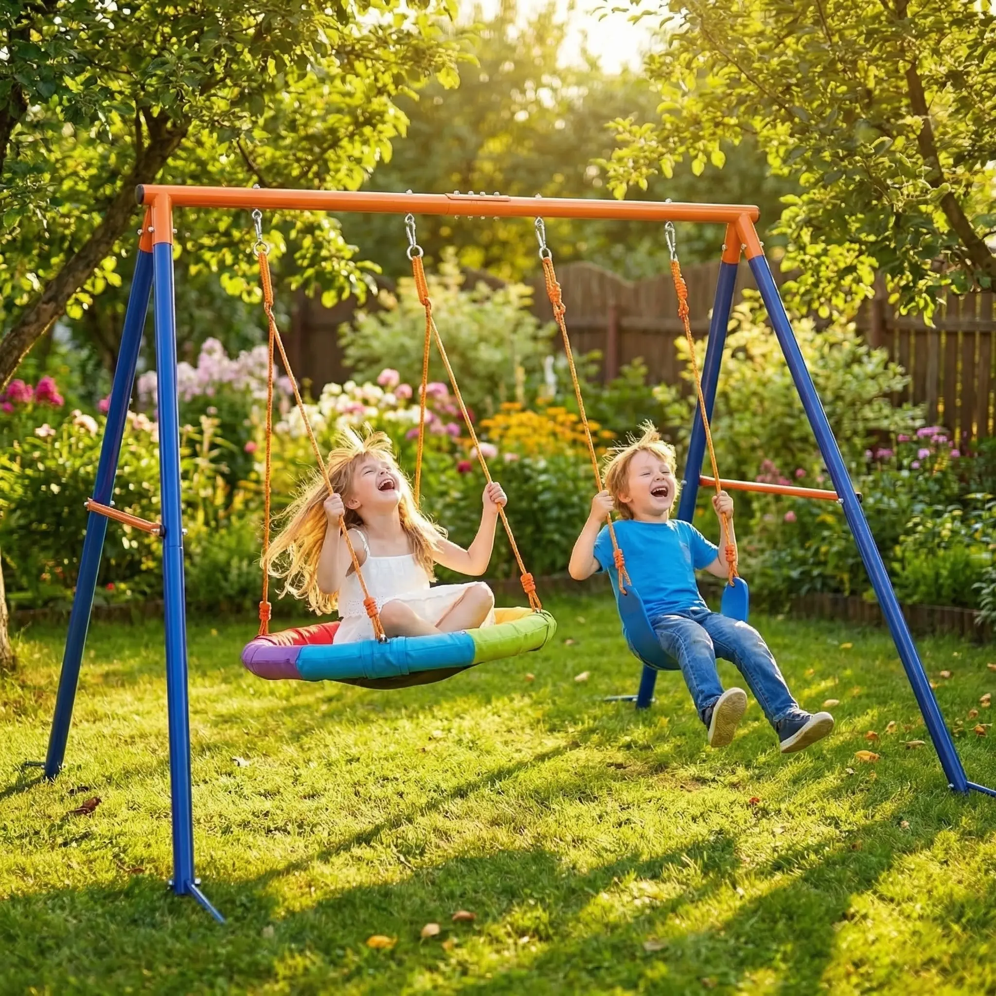 Swing Sets for Backyard, 440lbs Swing Set with Heavy-Duty Metal Frame and Adjustable Ropes, Gift for Kid, Swing Sets for Backyard, 440lbs Swing Set with Heavy-Duty Metal Frame and Adjustable Ropes, Gift for Kid,