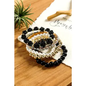Black Flower Rhinestone Beaded Multi Layer Bracelet Set