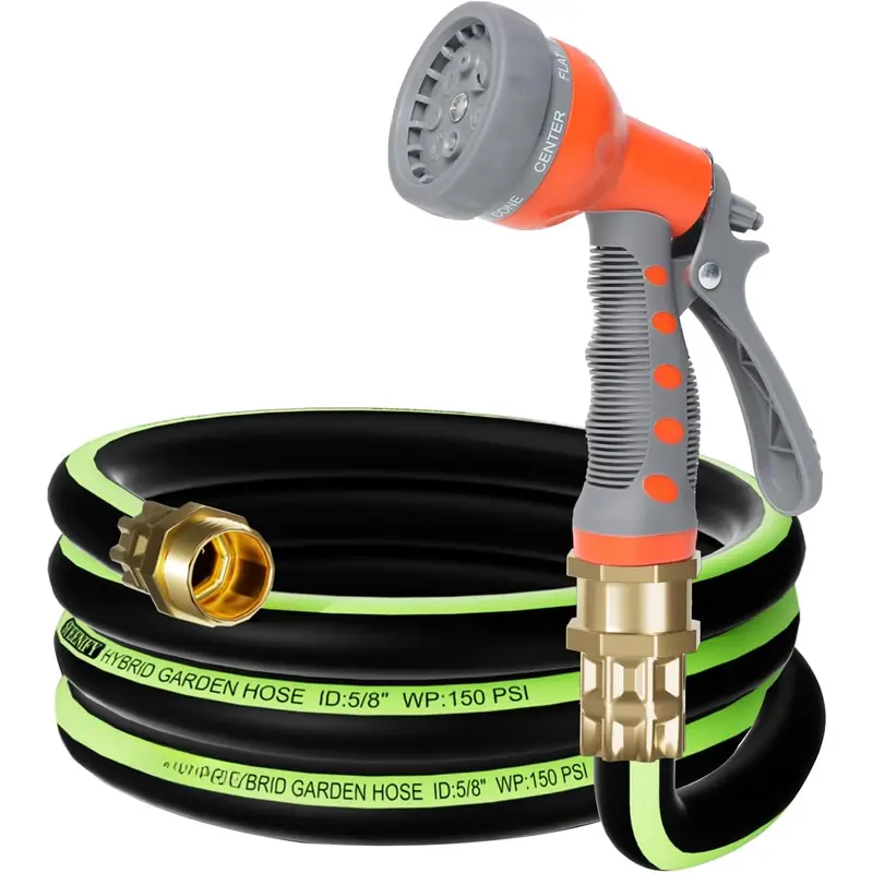Kink Free Garden Hose 10ft 5/8", Heavy Duty Hybrid Water Hose, Ultra Durable Flexible Rubber Hose with Sprayer Nozzle,Leakproof Yard Outdoor Hose with Brass Solid Connector