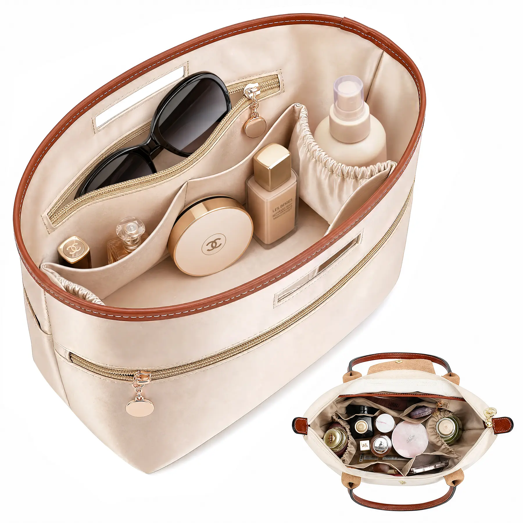 Tote bag organizer with handles, satin handbag organizer, compatible with Longchamp Le Pliage Tote Bag, LV Neverfull MM, Coach City 33, Speedy 30, G.oyard PM, and other styles. Handbag divider organizer, beige / Large, Medium, Small