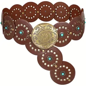 Women's Boho Disc Belt Wide Western Cowboy Belt Vintage Cowgirl Chunky Concho Belts for Dress Jeans