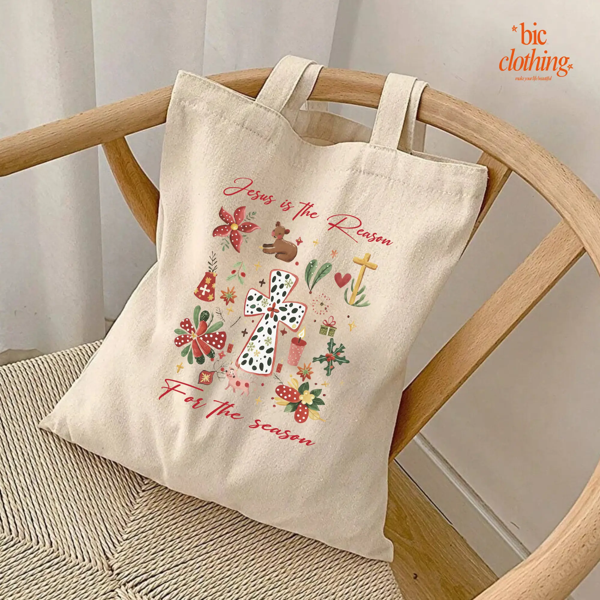 Jesus Is The Reason For The Season Tote Bag, Christian Christmas Tote, Boho Floral Holiday Canvas Tote Bag, Faith Gift for Women, Gift For Girls, Friends, Daughter, Mom, Xmas Gift