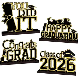 4Pcs Graduation Decorations Class of 2026 Congrats Grad Wooden Table Centerpieces Grad Table Toppers Congratulate Tiered Tray Decor You Did It Graduation Party Decorations (Black and gold)