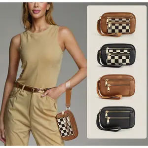 Women's Fashion Solid Color Checkerboard Pattern Zipper Wristlet Bag, Plain Leather Daily Wrist Bag with Transparent Card Holder, Unisex Multifunctional Portable Bank Card Coin Organizer Bag, YM62