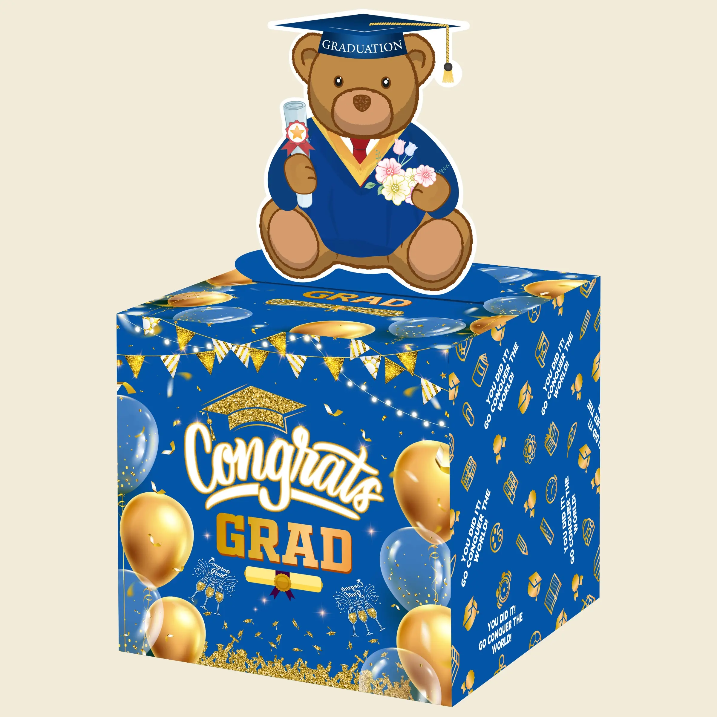 Blue Balloon Bear Graduation Cash Themed Gift Box with Surprise Piggy Bank, 50 Transparent Bags for Fun Cash Gifts for Kids and Adults, Graduation Favor Box