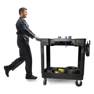 Aain 2 Shelf Heavy Duty Plastic Utility Cart, Supports Up to 500 Pound Black Rolling Utility Carts. 34 x 17 Inch Service Cart, 2 Fixed 2 Swivel Wheels, Ergonomic Handle Great for Warehouse, Garage AA107