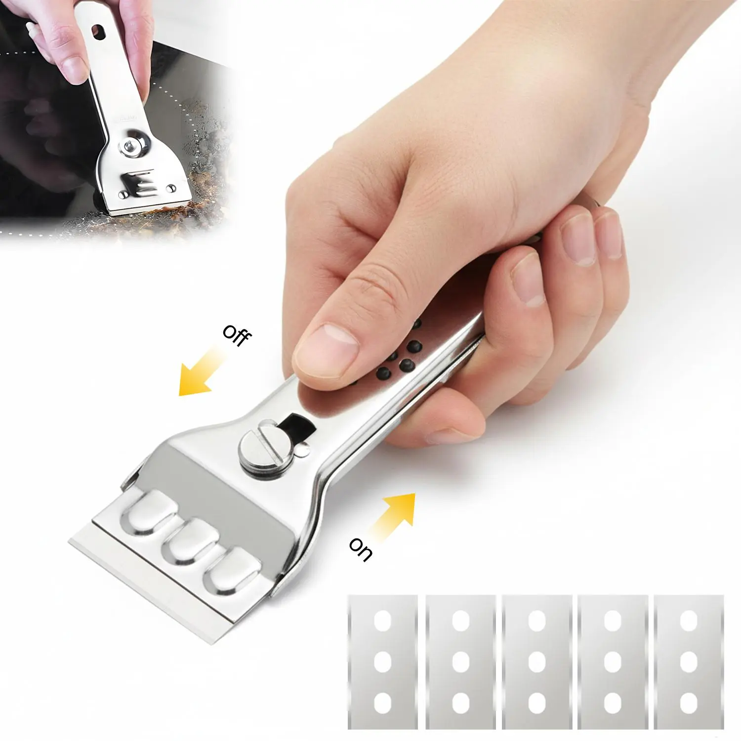 Stainless Steel Razor Blade Scraper Squeegees - Home Care Tool with 5 Replacement Accessories for Glass, Ceramic & Induction Cooktop Cleaning, Adhesive, Paint, Label & Decal Removal