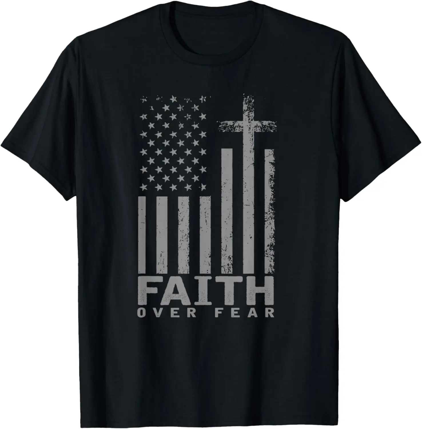 Men's Short-Sleeve Casual T-Shirt Top - Round Neck, America Pride US Flag Print, Faith Over Fear Prayer Design, Comfortable Everyday Fabric, Tshirt