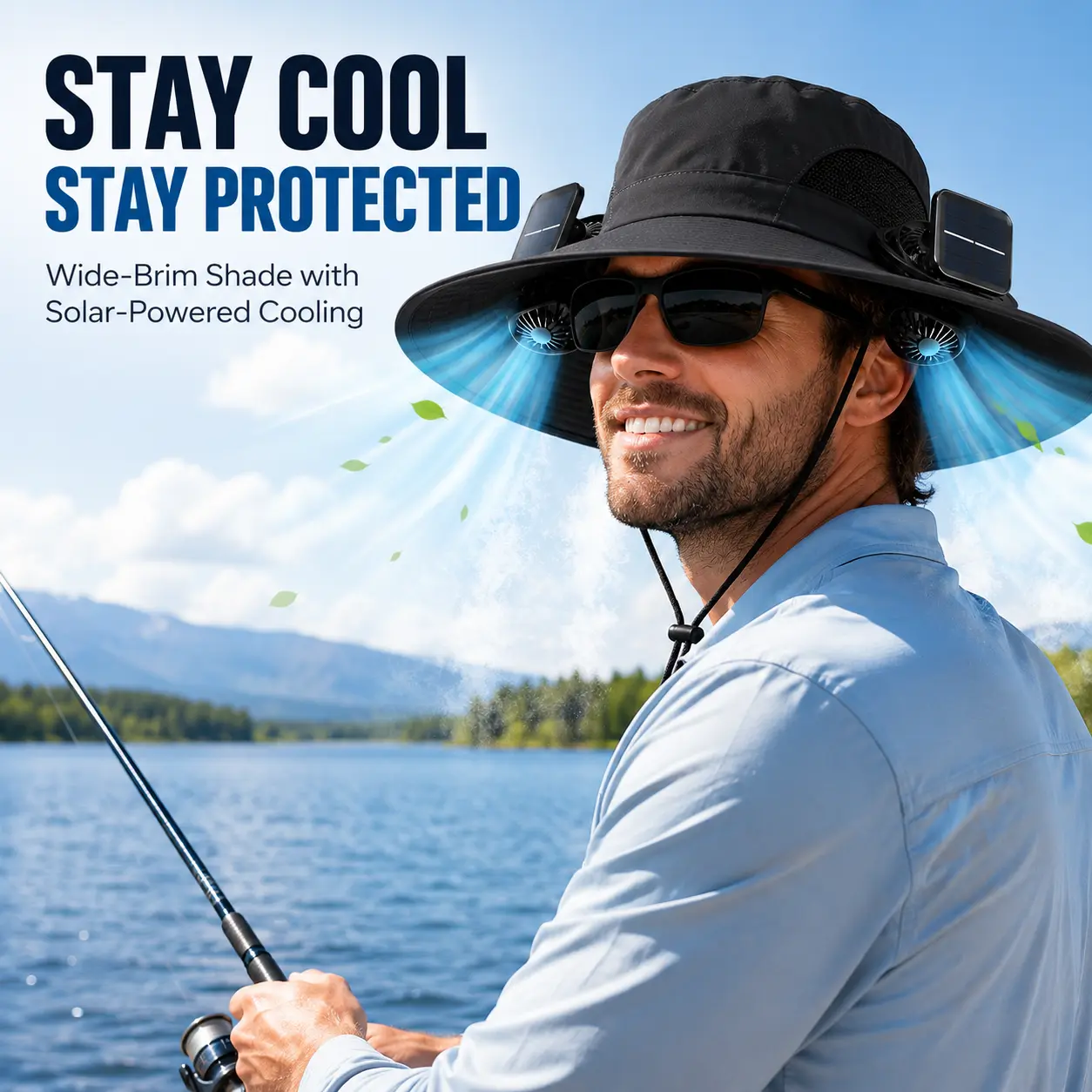 Solar Fan Hat Outdoor Wide Brim Sun Hat with 2 Solar Fan Hat with Fans Solar Power Wide Brim Sun Hat with 2 Solar Fan -- Unisex Cooling Hat for Travel Camping Fishing