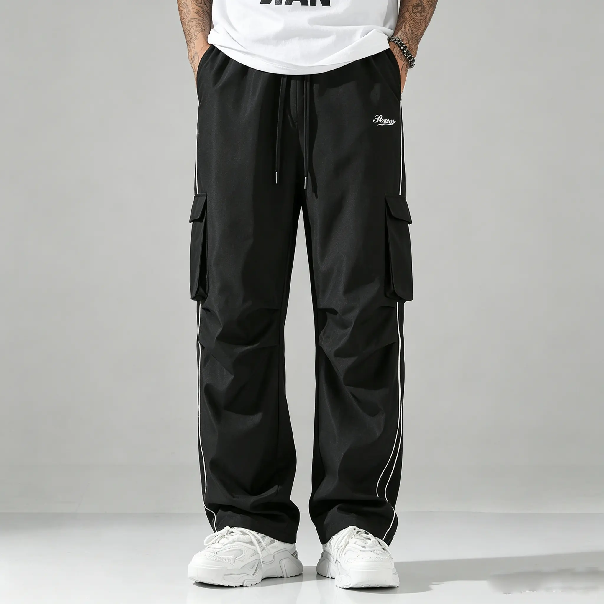 Men's Quick-Dry Woven Fabric Cargo Jogger Pants - Classic Streetwear Style with Side Stripes, Pleated Knees, Drapey Hem, Loose Fit