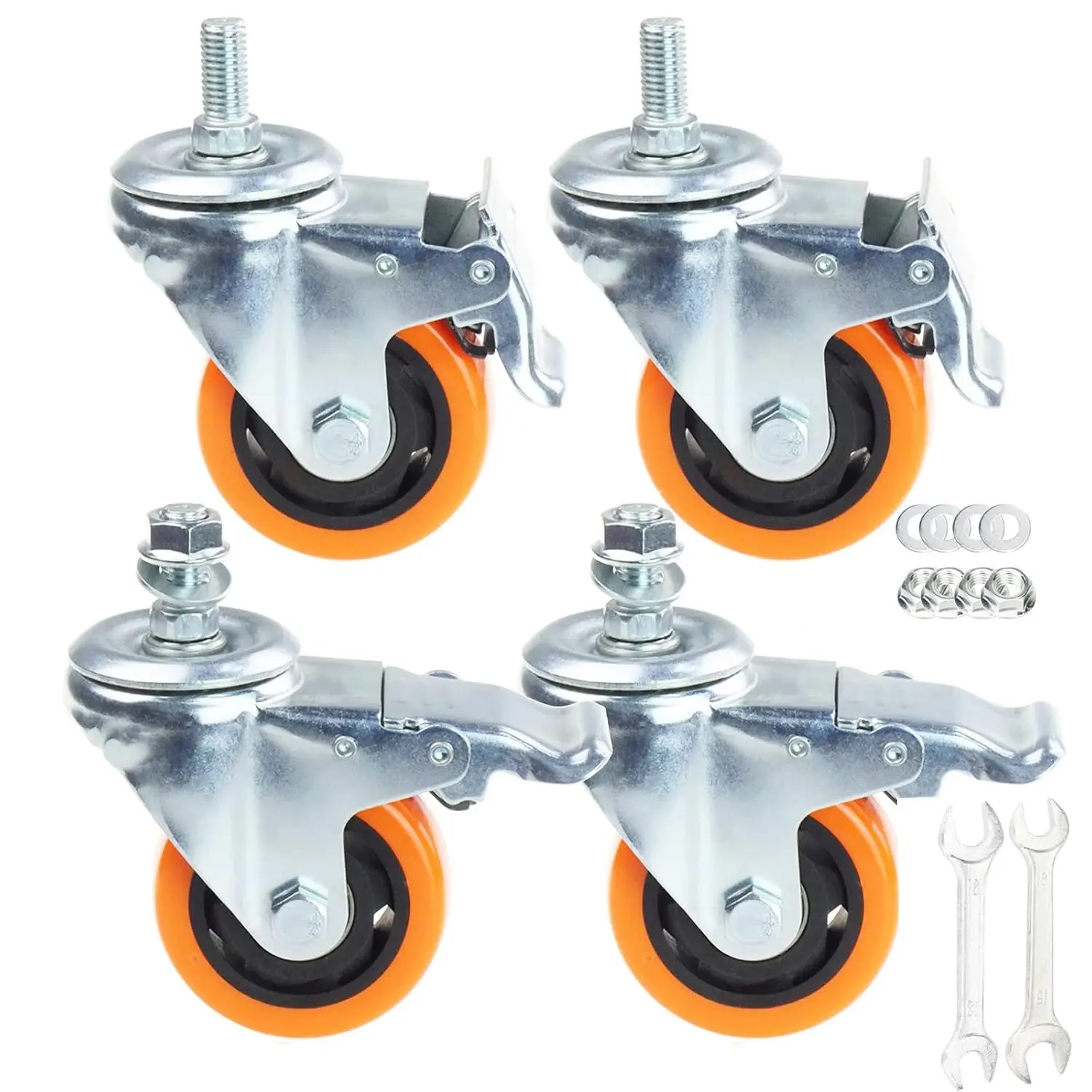 Heavy Duty Swivel Wheels, 3 Inch Yellow PVC Casters with Metric Stem M12-1.75x25mm Double Brakes Castors Safety Wheels up to 1200 Lbs/Set for Industry and Furniture Set of 4