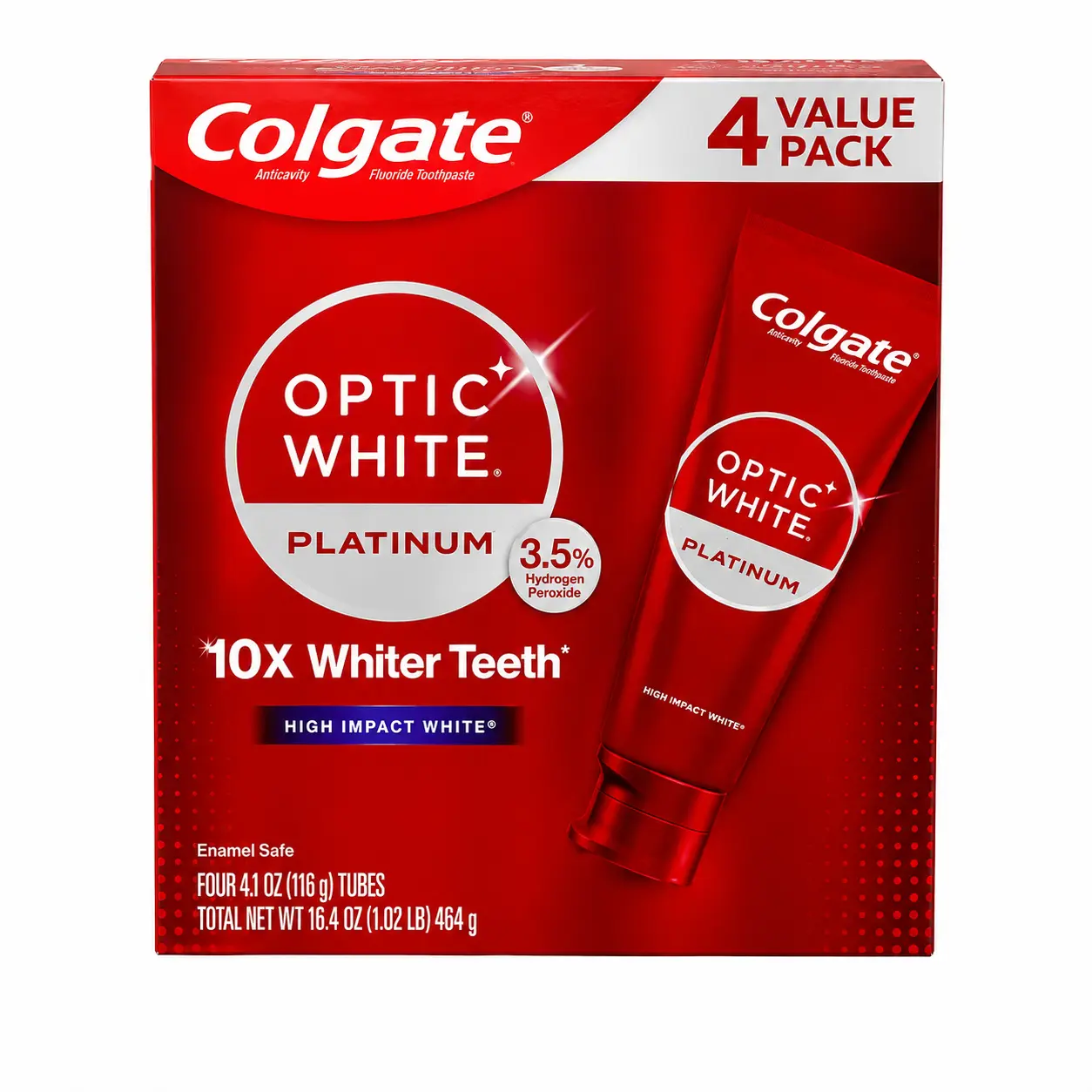 Colgate Optic White Platinum Whitening Toothpaste, High Impact White, 3.5% Hydrogen Peroxide, Enamel Safe, Fluoride Toothpaste, 4.1 oz Tubes, 4-Pack (16.4 oz Total)