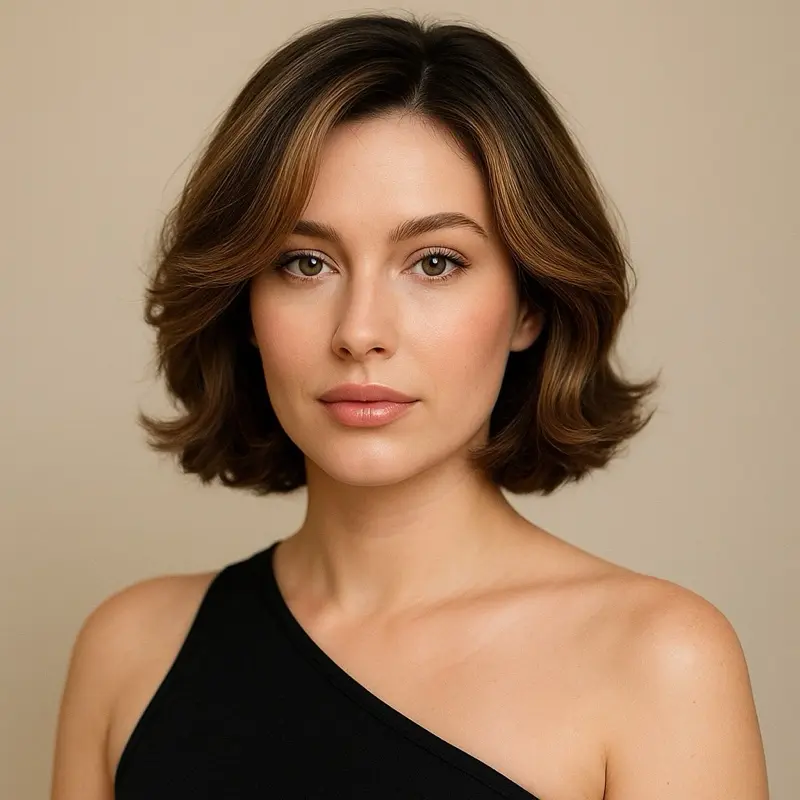Monica Layered Flip Bob Wig | Chocolate Brown w/Honey Highlights T Part Lace Wig