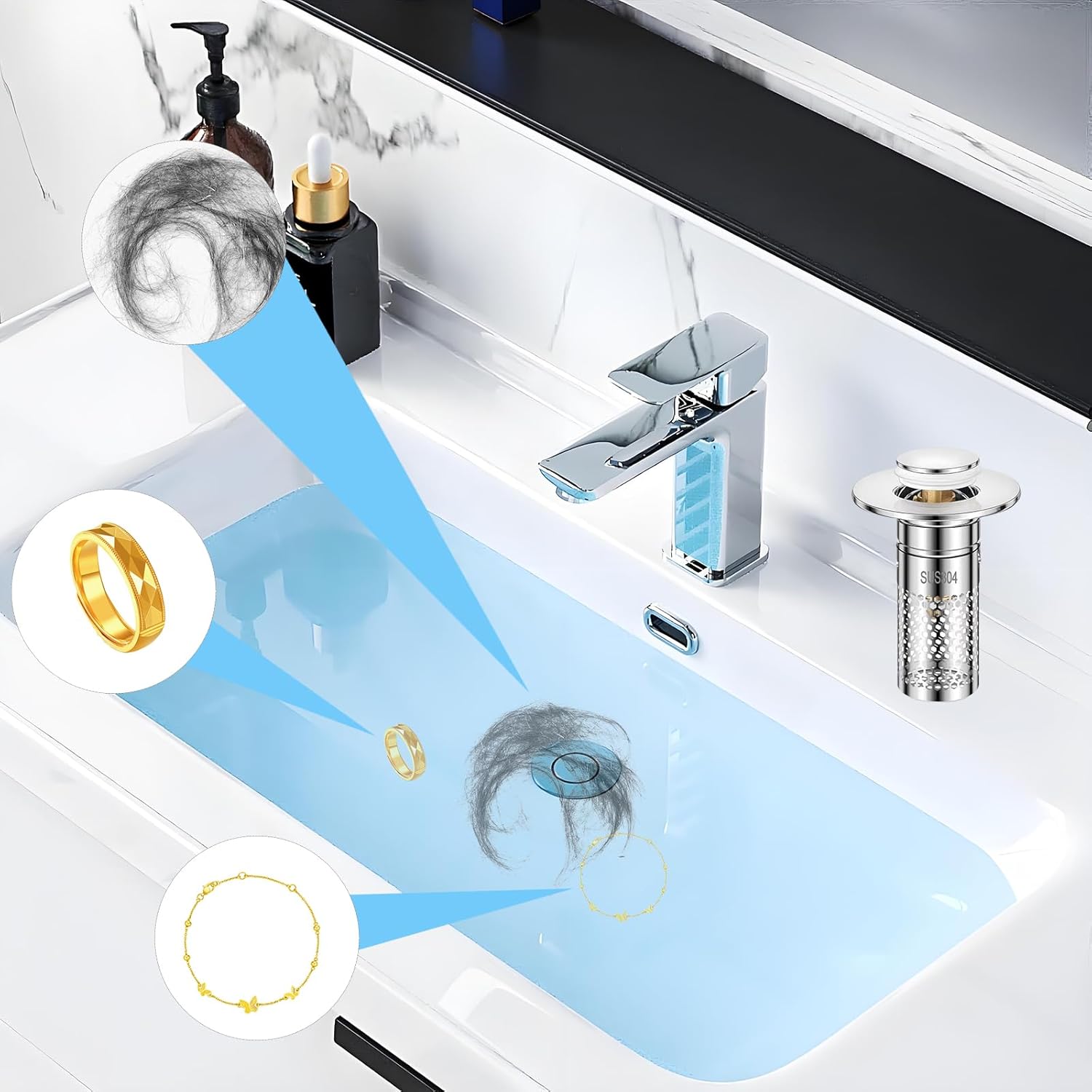 Upgrade Bathroom Sink Stopper HairCatcher, Universal Pop Up Sink Drain Filter withStainless Steel Filter Basket, Bathroom Sink Drain Strainer Brass Construction Rubber Shower