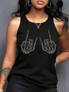 Gothic Punk Skull Hand Rock Tank Top, Women's Sleeveless Patterned T-Shirt, Casual Streetwear, Loose-Fitting Letter Print Vest, Casual Sleeveless Outfits