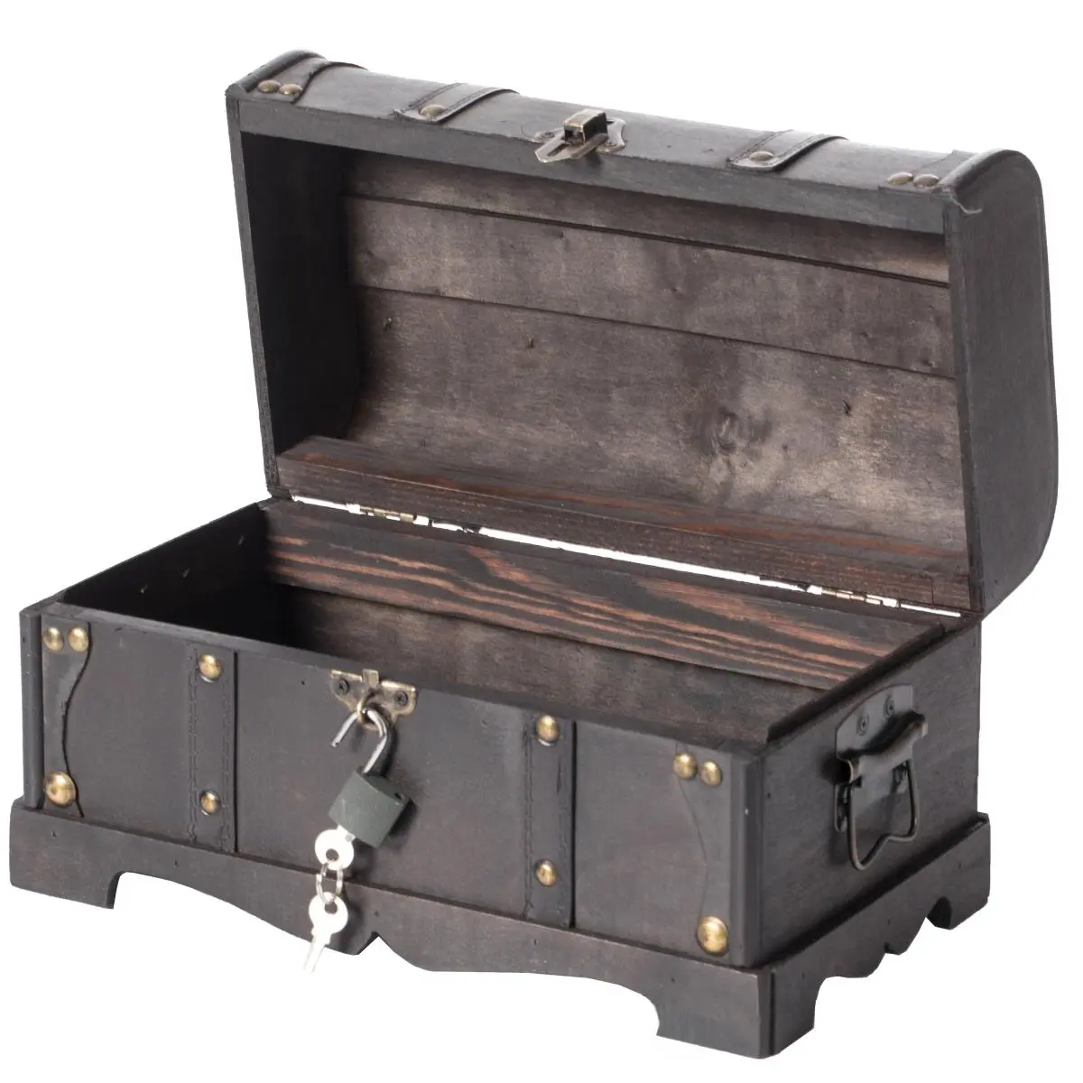 Pirate Compact Wooden Treasure Chest Portable Mini Safe, 6.75x12x6.75 in Small Size, Vintage Padlock & Key, Brown Office Stationery Safe for Computers & Office Equipment, Portable Mini Safes