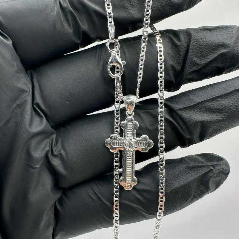 925 Sterling Silver Small Cross Necklace for Kids | 20” Italian Mariner Chain | Mexican & Italian Silver
