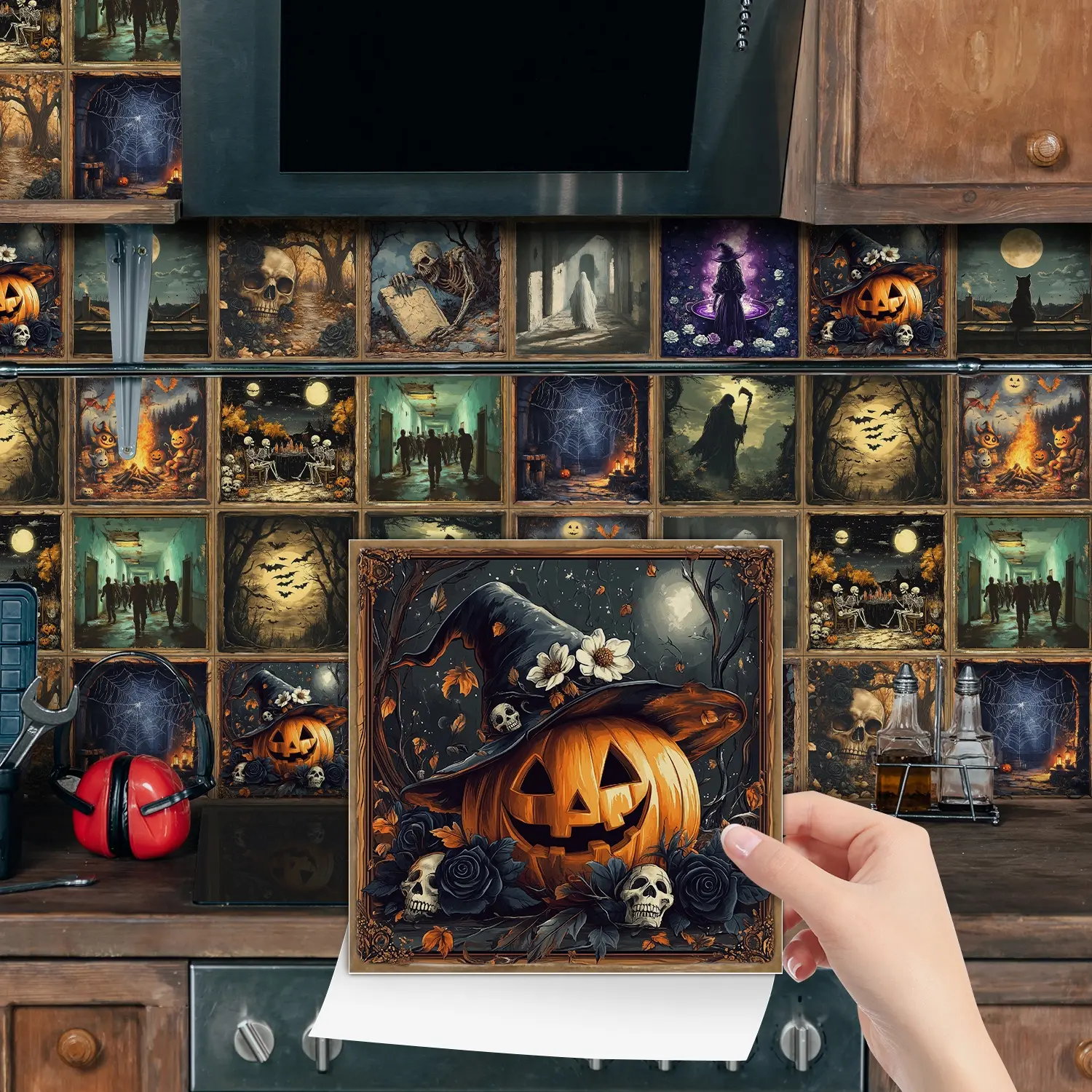 Halloween Wall Stickers Set, Waterproof PVC Decorative Tiles & Furniture Decals, Ideal for Bedroom TV Backgrounds, Kitchen Bathroom Use