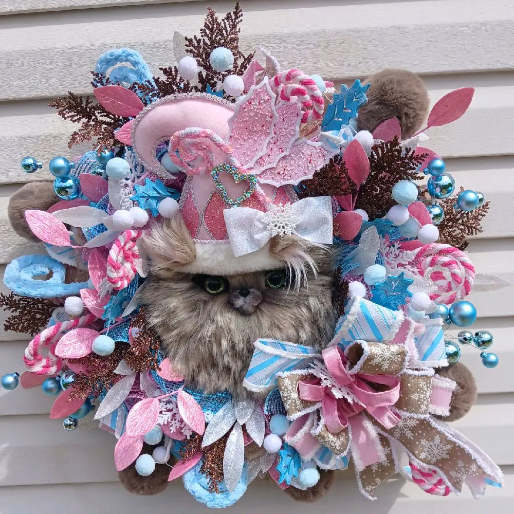 Whimsical Pink & Blue Winter Kitty Wreath