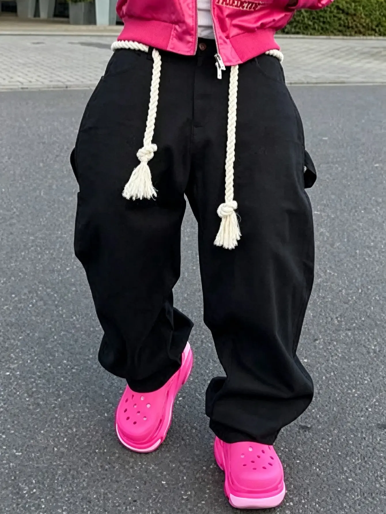 SRETOUU Black Baggy Jeans Vintage Streetwear Men Wide Leg Trousers with Braided Tassel Rope Design Loose Fit Street Style Stylish Denim Pants Menswear