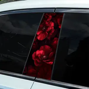 2Pcs red flower themed car sticker - durable vinyl sticker, suitable for B-pillar, semi-matte surface, self-adhesive, compatible with metal surface, rectangular shape, car decoration, fantasy car stickers, Car decals