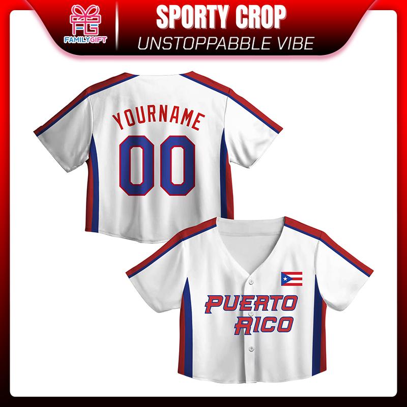 Puerto Rico Baseball Jersey Crop Top – Personalized Name & Number, White Button Up Jersey with Red Blue Stripes and Flag Patch