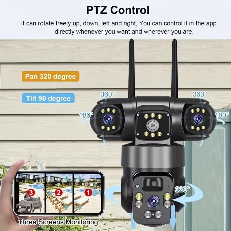 Solar-powered Security Camera | 8000mAh Battery, Color Night Vision, Triple-lens 360° Panoramic View, PIR Human Detection, Loop Recording, 2.4G WiFi App For Remote Real-time Viewing | Suitable For Farms, Gardens, Warehouses