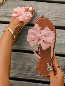 Women's Flat Butterfly Knot Toe Thong Sandals, Elegant Comfortable Summer Casual Beach Slippers, Stylish Slip-On Shoes for Women