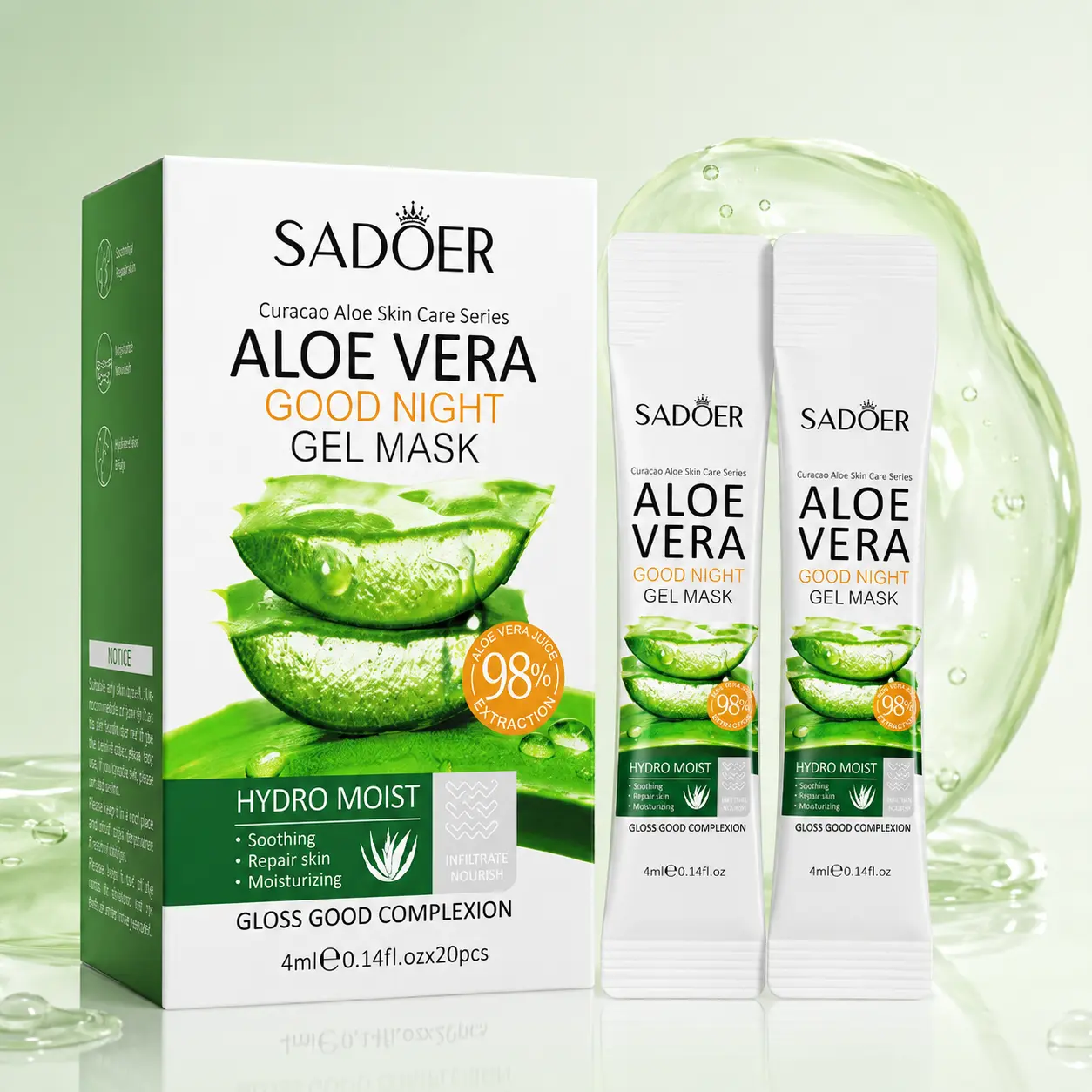 Aloe Vera Hydrating Overnight Gel Mask - 20x4ml Single-Use Sachets, Lightweight Unisex Skincare, All Types Skin Hydration Boost, Travel & Daily Essential Facial Care