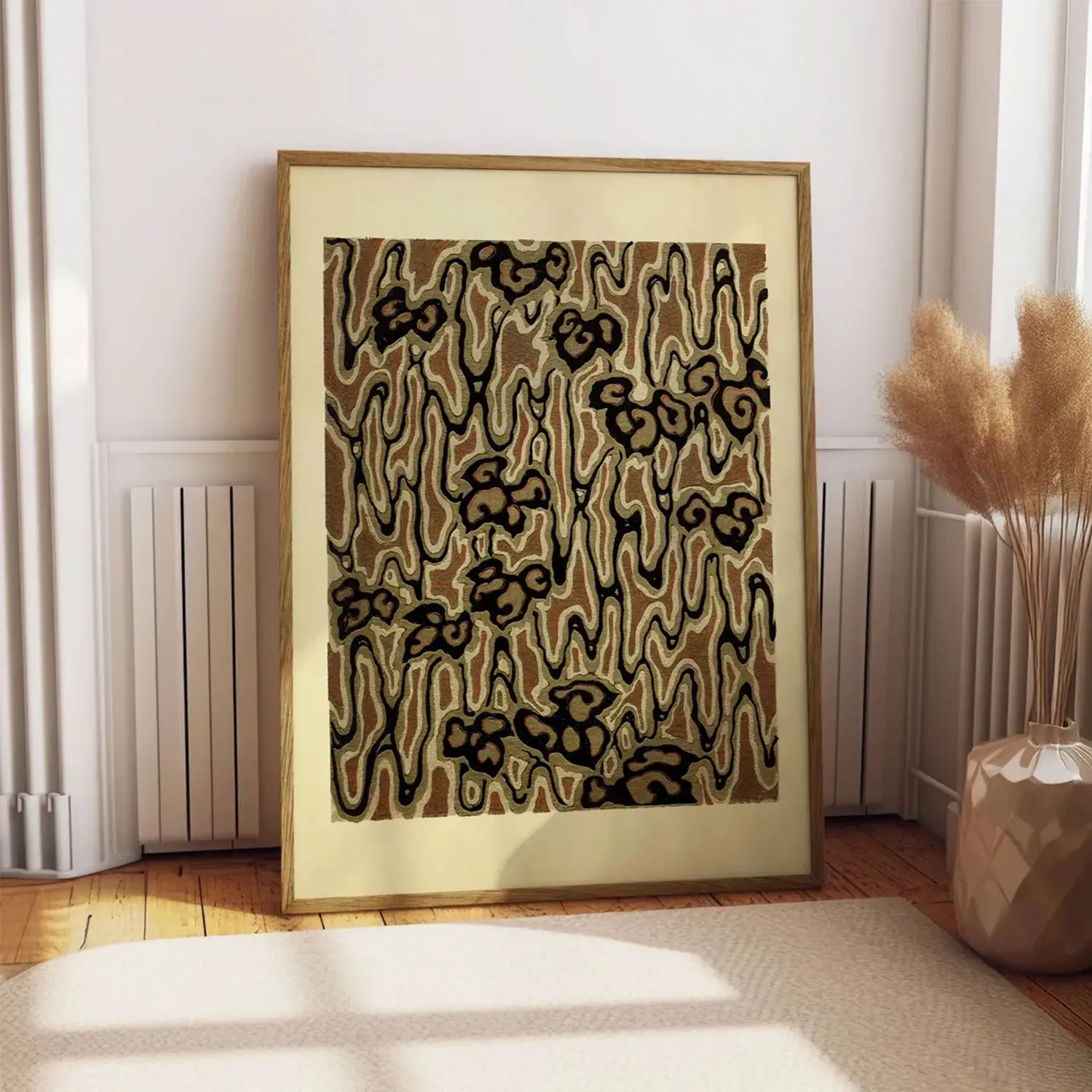 Brown Abstract Woodblock Pattern Print, Earth Tone Floral Design, Japanese Art, Nouveau Style Wall Art, Retro Organic Home Deco
