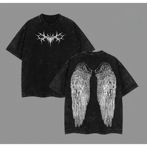 Y2K Gothic Wing Hoodie – Dark Oversized Vintage Hoodie | Washed Wing Graphic T-Shirt for Grunge Streetwear & Anime-Inspired Fashion