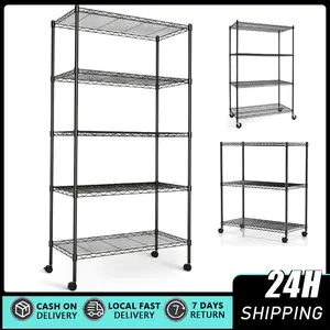 5-Layer Heavy Duty Wire Mesh Storage Rack, 4" Wheel Casters, Adjustable Metal Organizer, 300lbs Per Shelf, 23.23"x13.39"x59.45" Black Unit, Ideal for Garage/Kitchen Organization, Storage Rooms