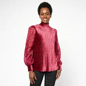 DG2 by Diane Gilman Velvet Knit Embroidered Tulle Sleeve Mock-Neck Top