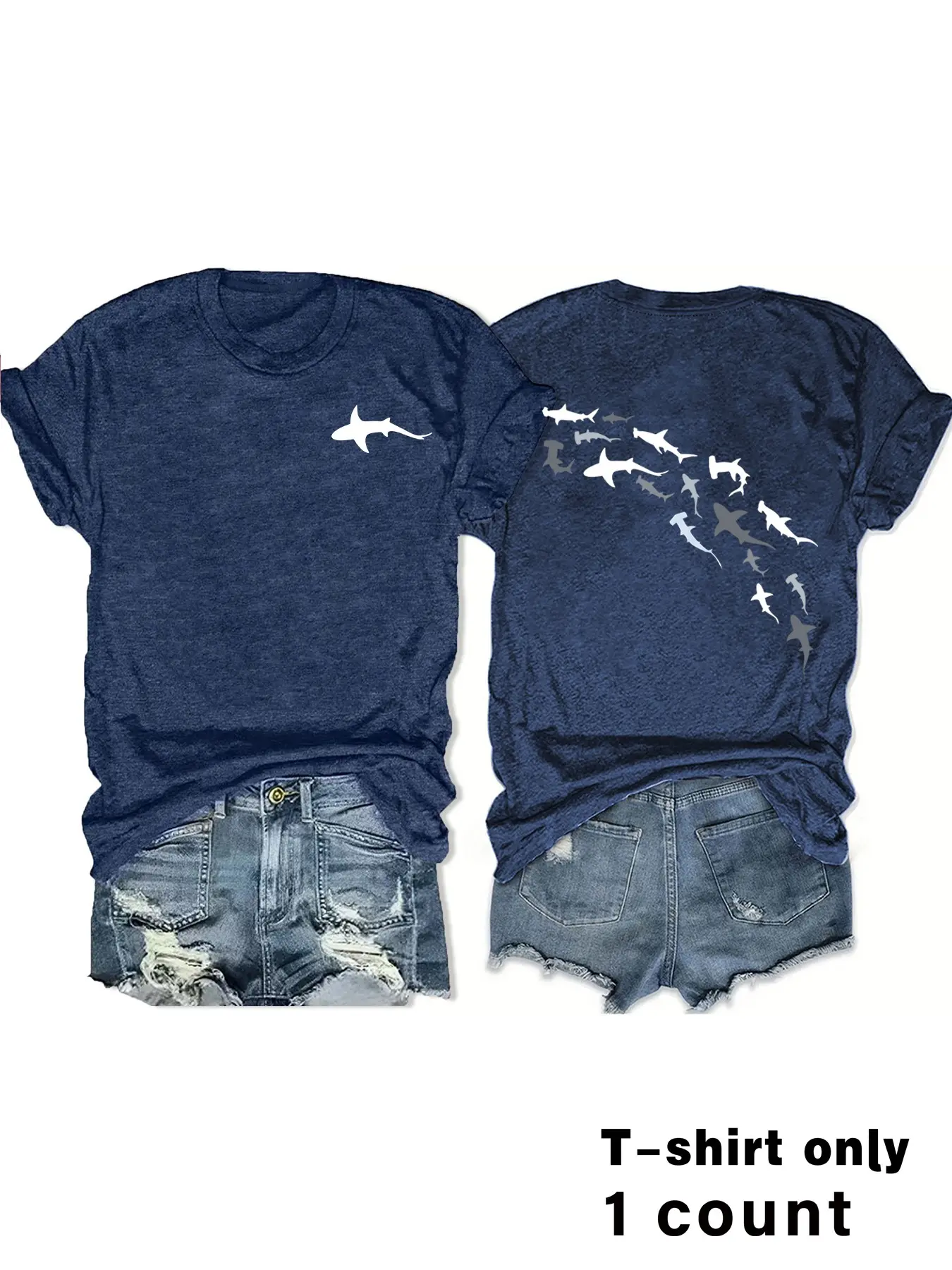 Spring Summer Beach Short Sleeve Shark Print T-Shirt, Fashion Comfort Casual Tee, Daily Wear, Trendy Graphic Streetwear Women's Top