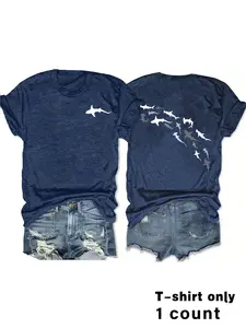 Spring Summer Beach Short Sleeve Shark Print T-Shirt, Fashion Comfort Casual Tee, Daily Wear, Trendy Graphic Streetwear Women's Top