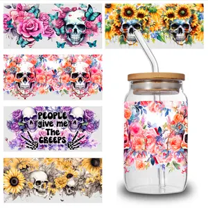 5 Sheets Floral Skull UV DTF Stickers Plastic Self-Adhesive Labels for 16 oz Tumbler Transfer Sticker Decal Mug Decoration Gift UV DTF Stickers side  eyes
