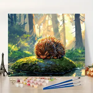 1Pcs Hedgehog Sleeping on Mossy Stone in Forest Morning Light Acrylic Paint by Numbers 16x20in Unframed Beginner DIY Forest Healing Style Decor for Kids' Room Ideal Gift for Nature Lovers & Children's Day