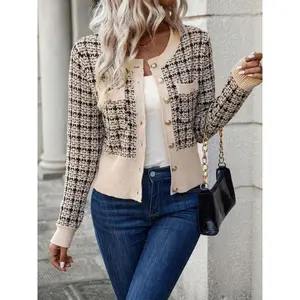 Women's Plaid Button Front Round Neck Cardigan Sweater, Autumn/Winter Long Sleeve Slim Fit Soft Stylish Elegant Commuter Daily Knit Cardigan, Casual Business Work Sweater for Women, Women Fall Outfit, Fashion Knitwear for Women