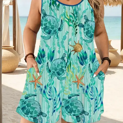 Women's Print Loose-Fitting Sleeveless Romper with Pocket, Summer Beach Fashion Round Neck Short Overalls, Casual Vacation Style, Loose Fit Rompers, Plus Size Womenswear